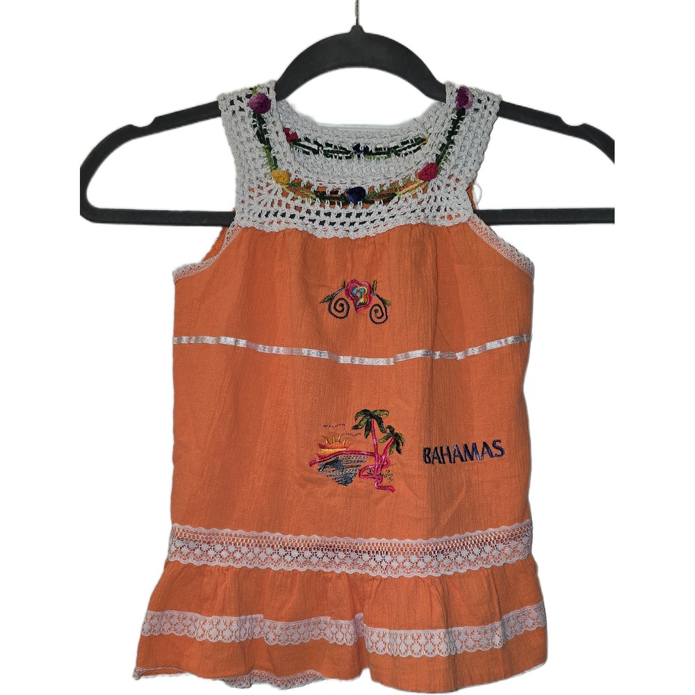 Vintage Bahamas Embroidered Crochet Lace Orange Sleeveless Top Girls Size 3